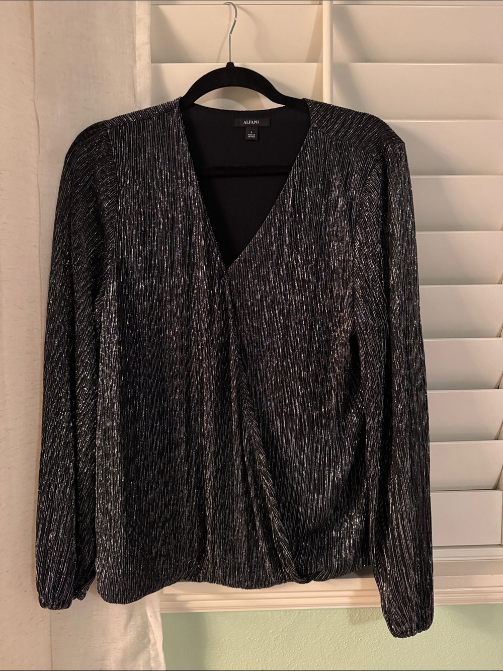 Alfani Black and Silver Shimmer Wrap Blouse